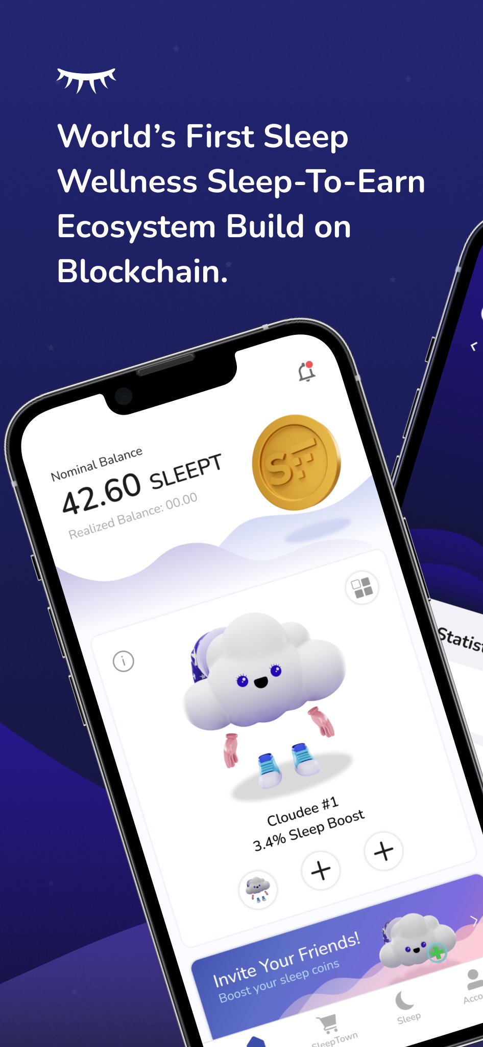 SleepFuture app promotional artwork showing the Cloudee number 1 cloud character, NFT slots and sleep tracking interface